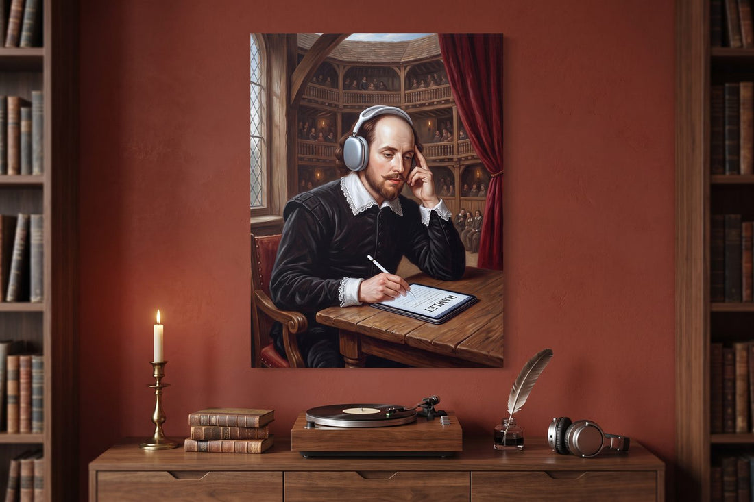 Shakespeare quotes: a Shakespeare Sampled canvas in an oxblood library study with a turntable and a quill