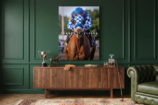 Sports wall art: a Secretariat horse-racing canvas in a green panelled study with a silver trophy and bronze horse