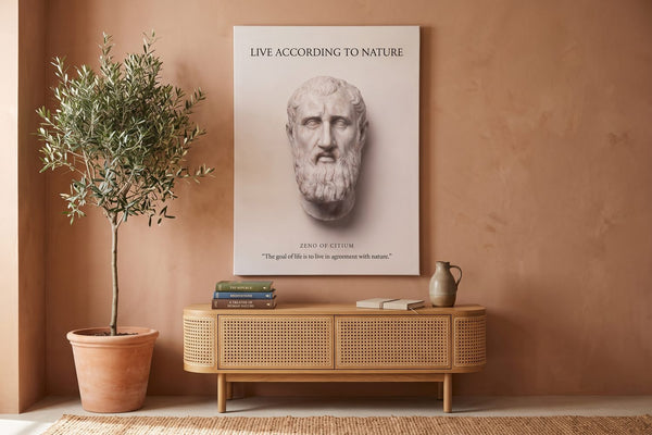 Stoic quotes: a Zeno Of Citium canvas in a terracotta reading room with an olive tree and philosophy books