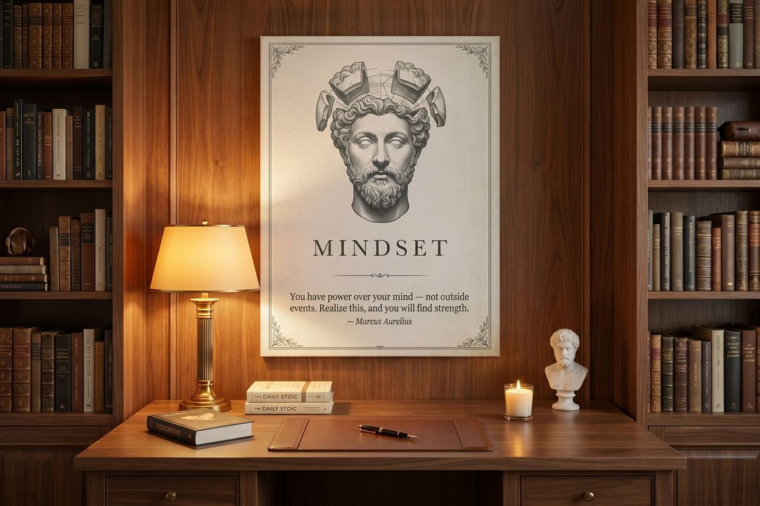 Stoicism wall art: a Marcus Aurelius Mindset canvas in a warm wood-panelled library with a brass lamp and marble bust