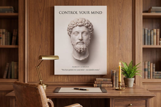 Study room ideas: a Control Your Mind Marcus Aurelius canvas in a wood study above a desk with a brass lamp