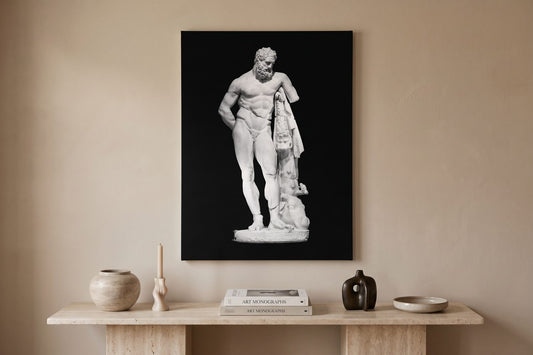 Surrealism art meaning: a Heracles Built Different canvas in a pale gallery-like room with a stone plinth