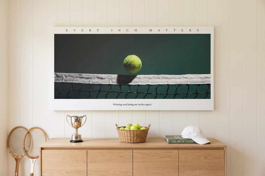 Tennis court dimensions: an Every Inch Matters Tennis canvas in a bright garden room with a silver trophy and rackets