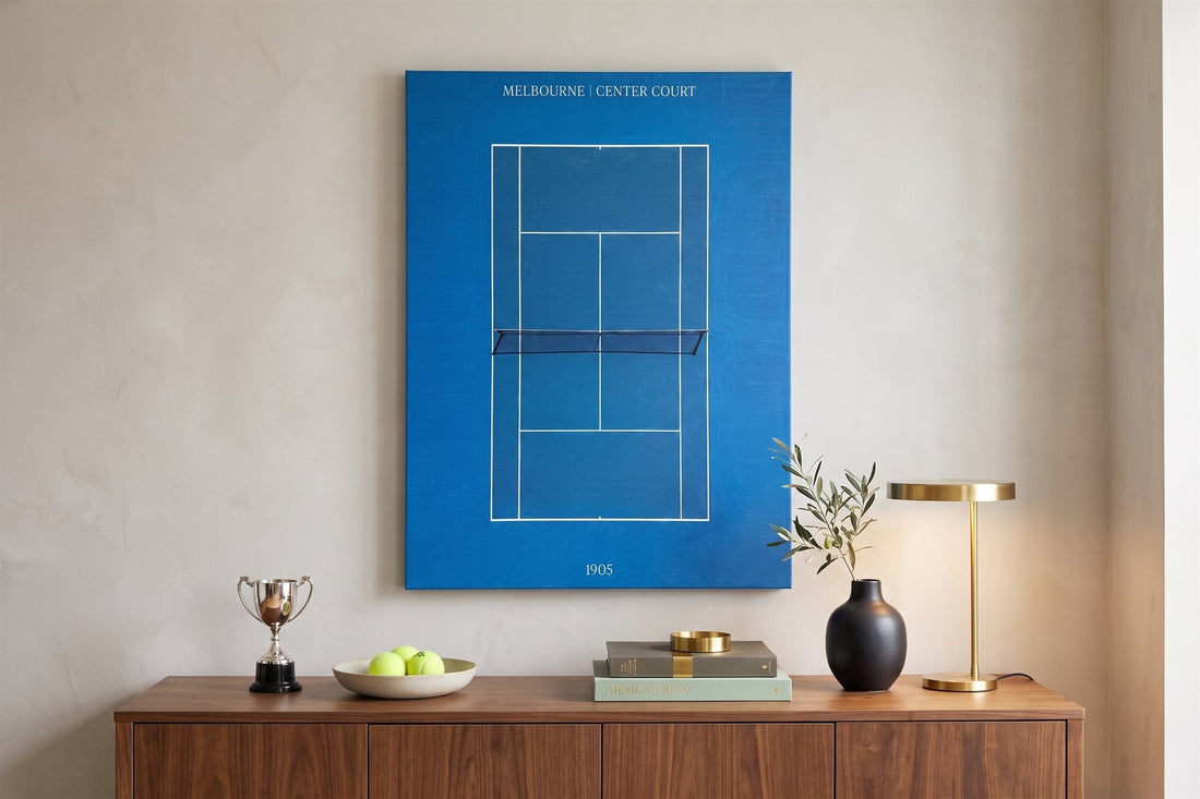 Tennis wall art: a Melbourne Center Court canvas in a warm home office with a trophy and an olive branch