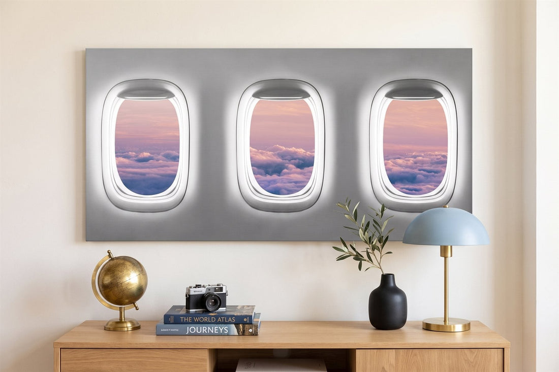Travel wall art: an aerial window-seat canvas in a bright living room with a globe and a vintage camera