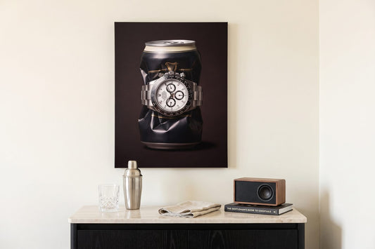 What a chronograph is: a Last Call watch canvas in a home bar corner with a cocktail shaker and a cut-crystal tumbler