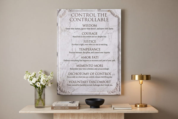 What is Stoicism: a Control The Controllable canvas in a greige study with a travertine console and white blooms