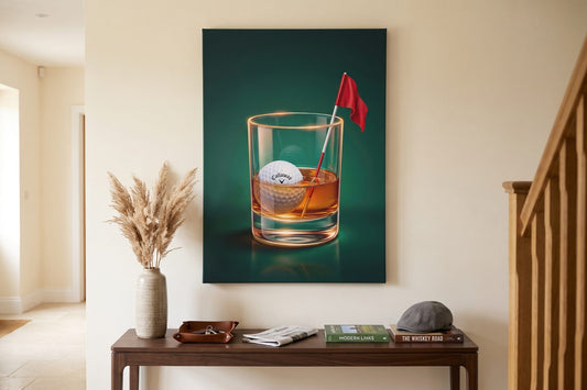 Why golf has 18 holes: a Scotch Golf canvas in a cream entrance hall with a walnut console and dried pampas grass