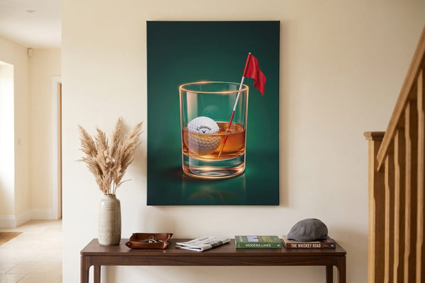 Why golf has 18 holes: a Scotch Golf canvas in a cream entrance hall with a walnut console and dried pampas grass