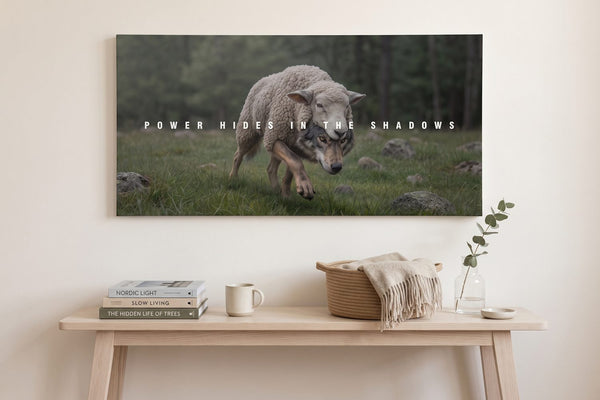 Wolf symbolism: a Power Hides In The Shadows canvas in a Scandinavian reading corner with a stack of books and a wool throw