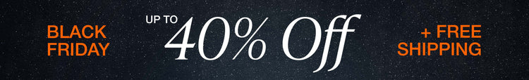 Black Friday sale banner with text 'Up to 40% Off + Free Shipping' on a black background.