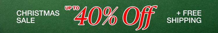 Christmas sale banner with text 'Up to 40% Off + Free Shipping' on a green background