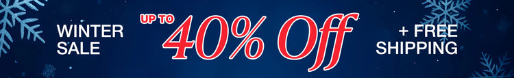 Winter sale banner with 40% off and free shipping offer on a dark blue background.