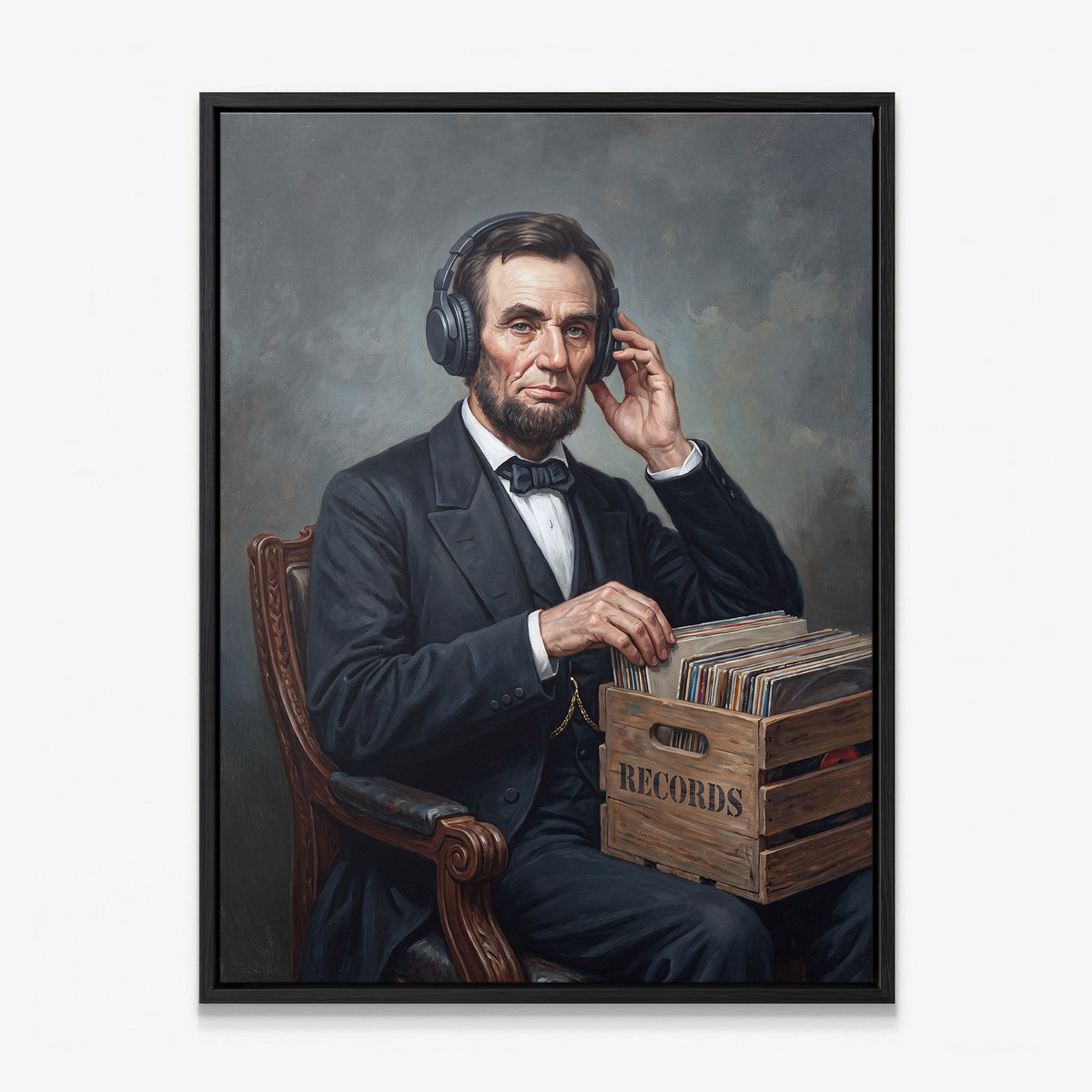 Abe On Vinyl canvas in a black floating frame