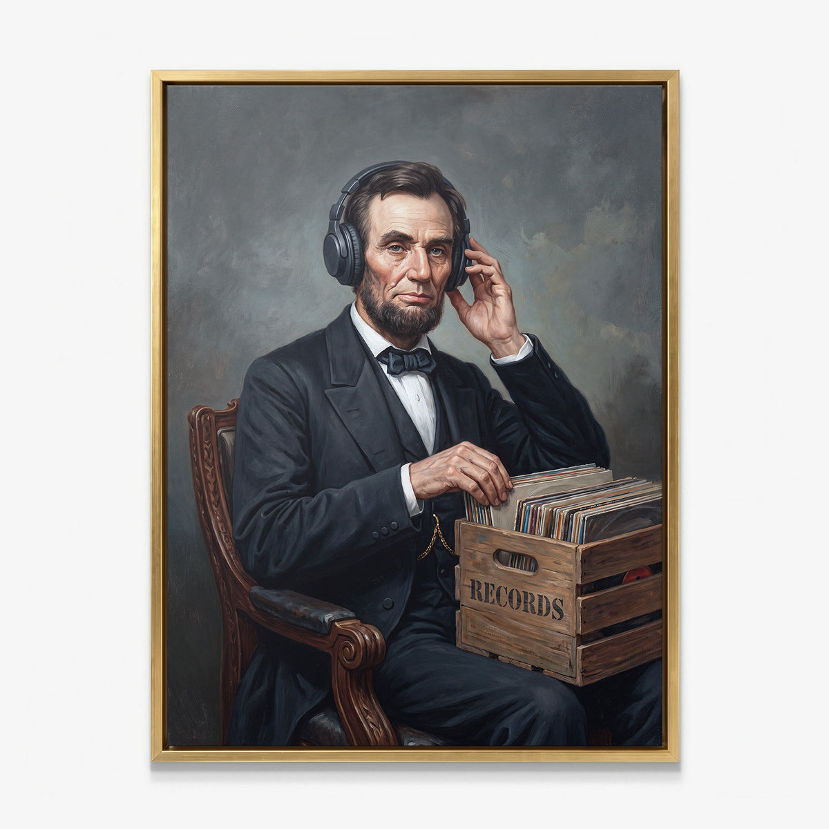 Abe On Vinyl canvas in a gold floating frame
