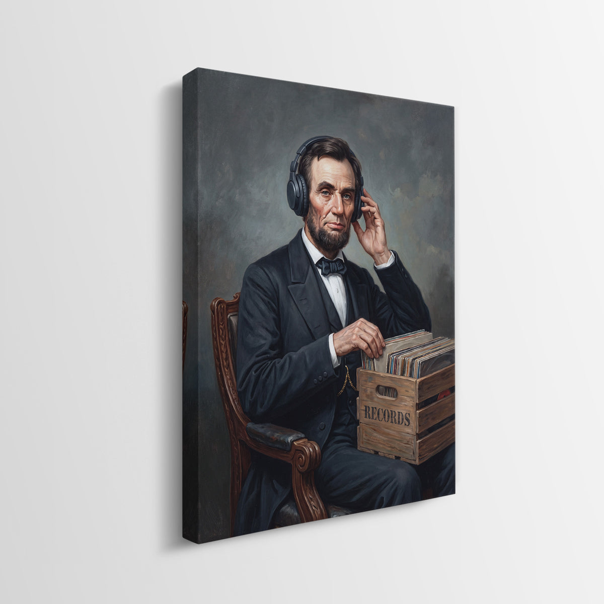 Side view of the Abe On Vinyl gallery wrapped canvas showing the wrapped edge