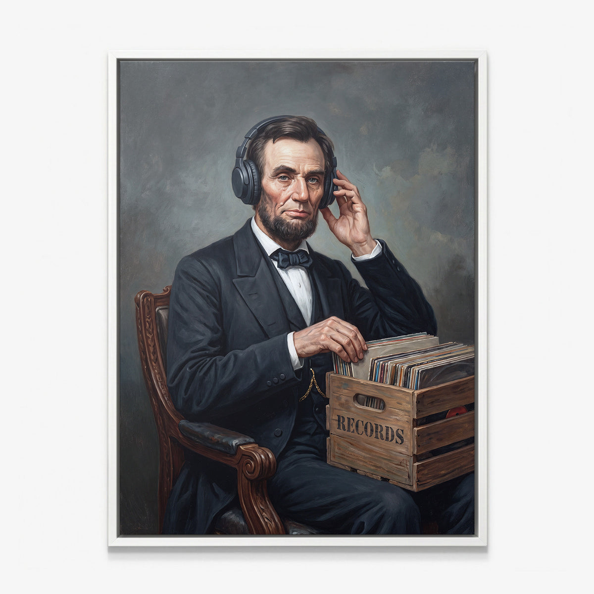 Abe On Vinyl canvas in a white floating frame