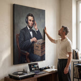 Abe On Vinyl canvas above a desk with a person looking at it