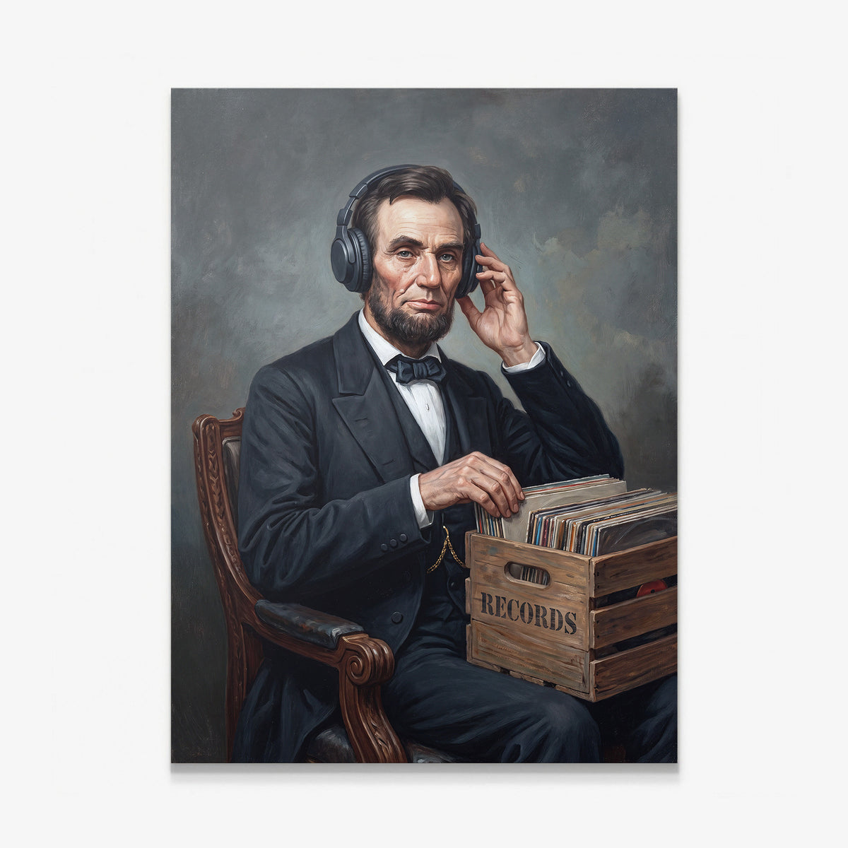 Abe On Vinyl canvas wall art, an oil painting of Abraham Lincoln in headphones beside a crate of records