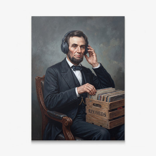 Abe On Vinyl canvas wall art, an oil painting of Abraham Lincoln in headphones beside a crate of records