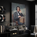 Abe On Vinyl portrait canvas on a plain painted wall