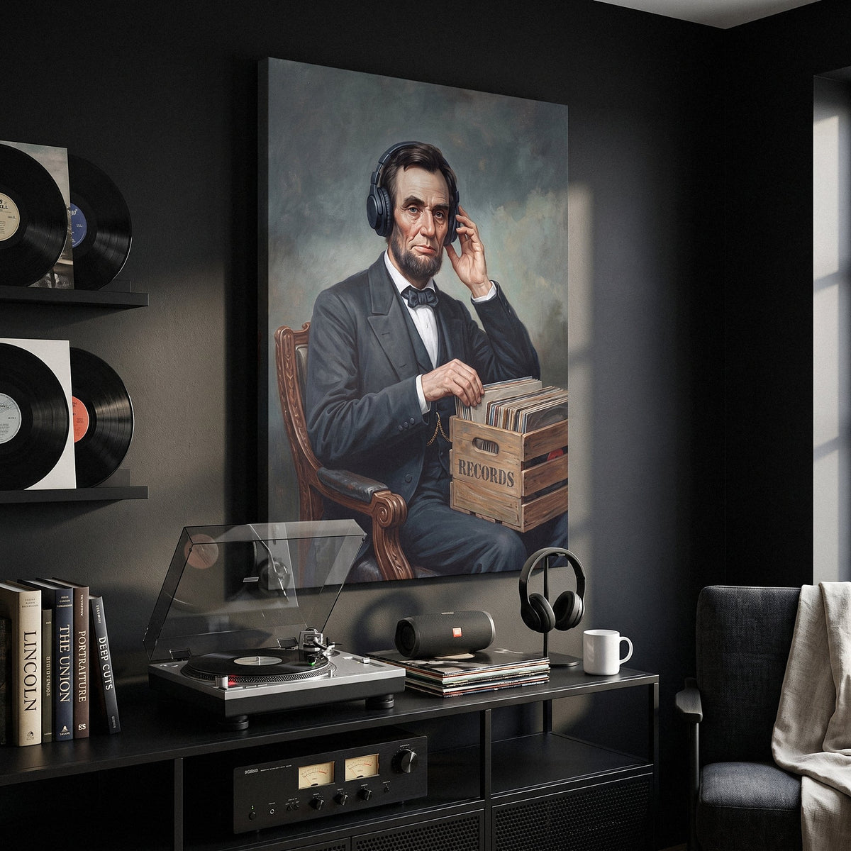 Abe On Vinyl portrait canvas on a plain painted wall