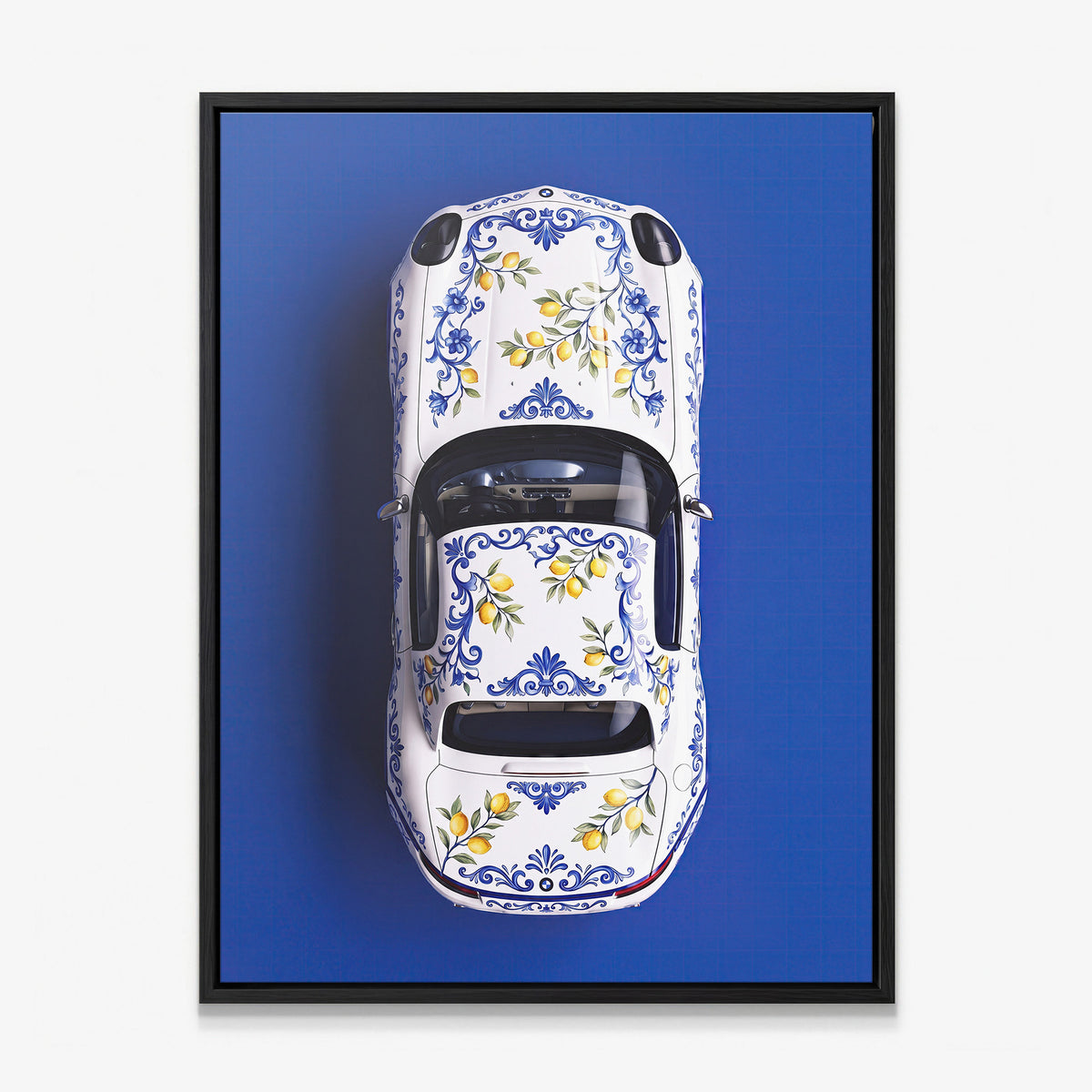 Amalfi Coast Roadster German roadster with a blue Sicilian maiolica and lemon pattern canvas wall art in a black floating frame