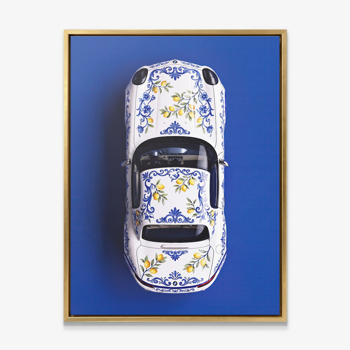 Amalfi Coast Roadster German roadster with a blue Sicilian maiolica and lemon pattern canvas wall art in a gold floating frame