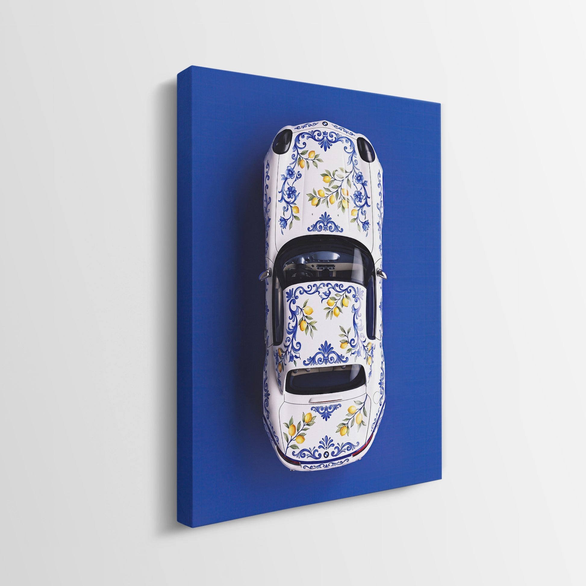 Amalfi Coast Roadster German roadster with a blue Sicilian maiolica and lemon pattern canvas wall art side profile