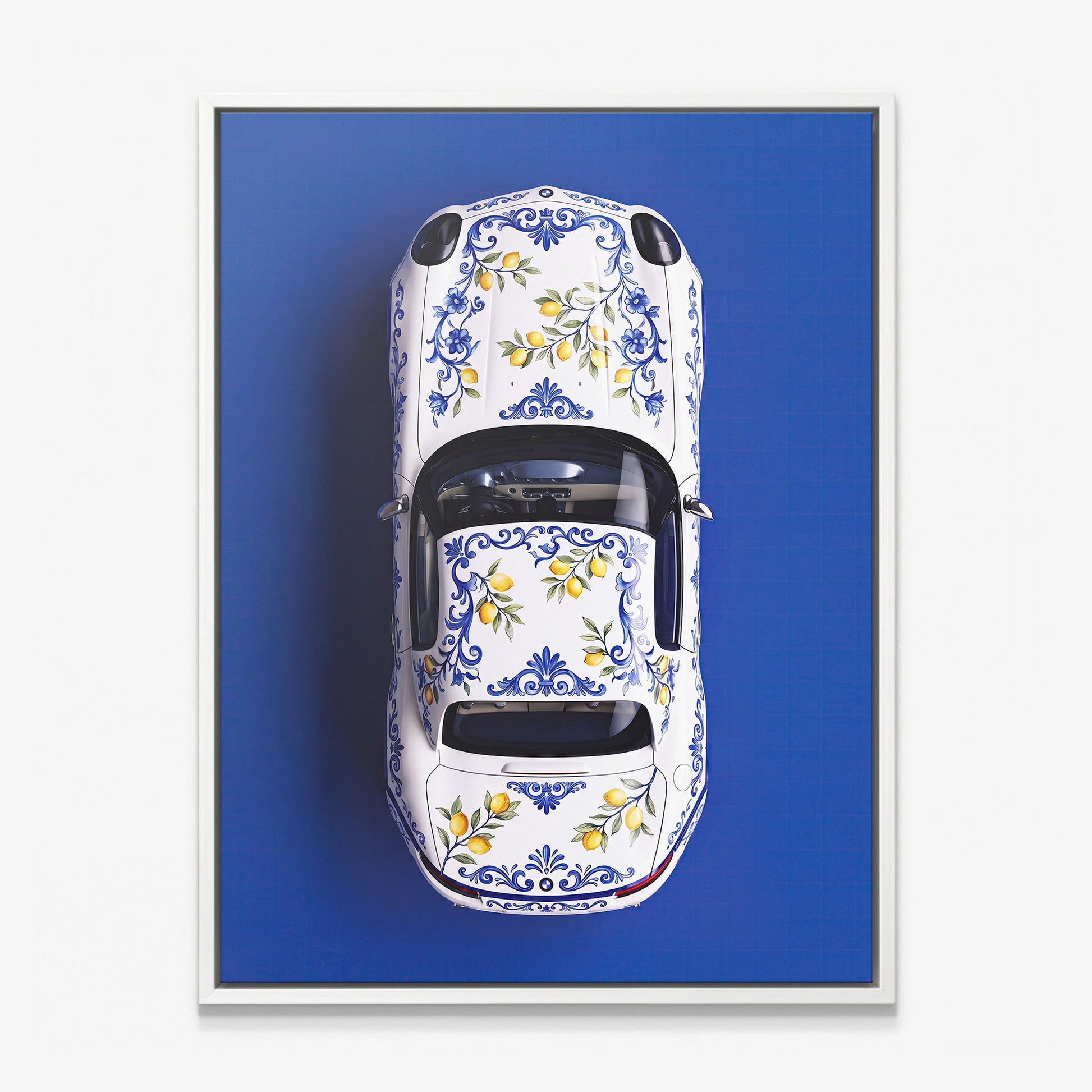 Amalfi Coast Roadster German roadster with a blue Sicilian maiolica and lemon pattern canvas wall art in a white floating frame