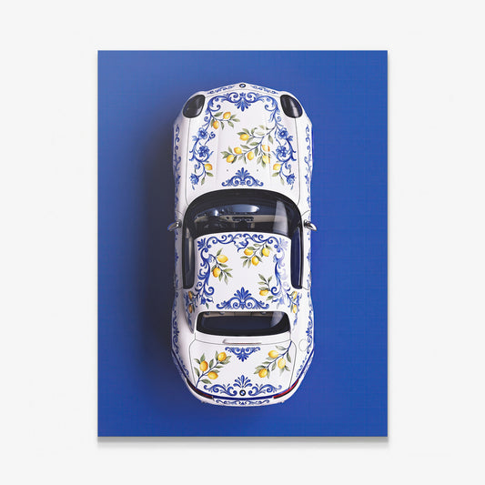 Amalfi Coast Roadster German roadster with a blue Sicilian maiolica and lemon pattern canvas wall art