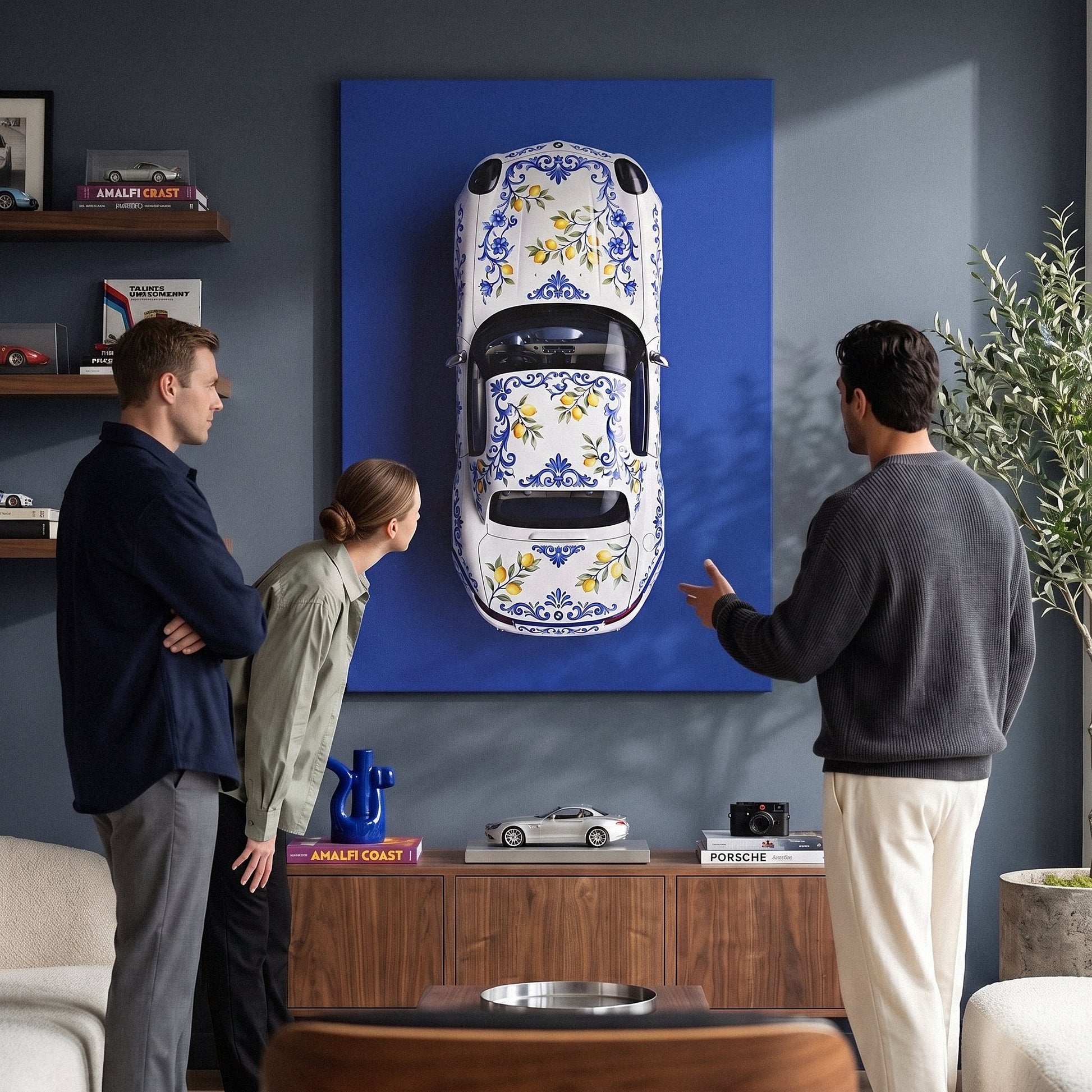 Amalfi Coast Roadster German roadster with a blue Sicilian maiolica and lemon pattern canvas wall art in a living room lounge