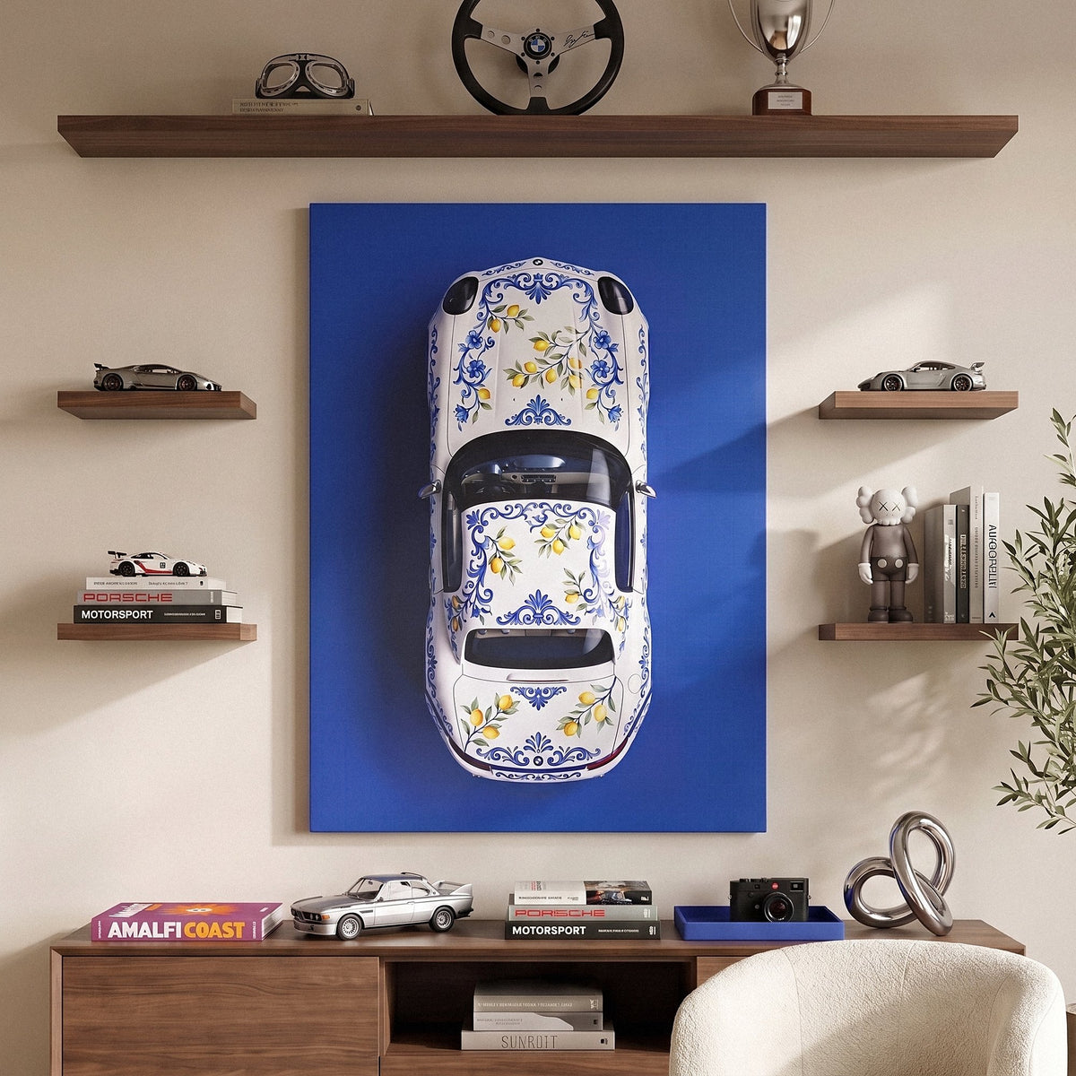 Amalfi Coast Roadster German roadster with a blue Sicilian maiolica and lemon pattern canvas wall art in a modern home office