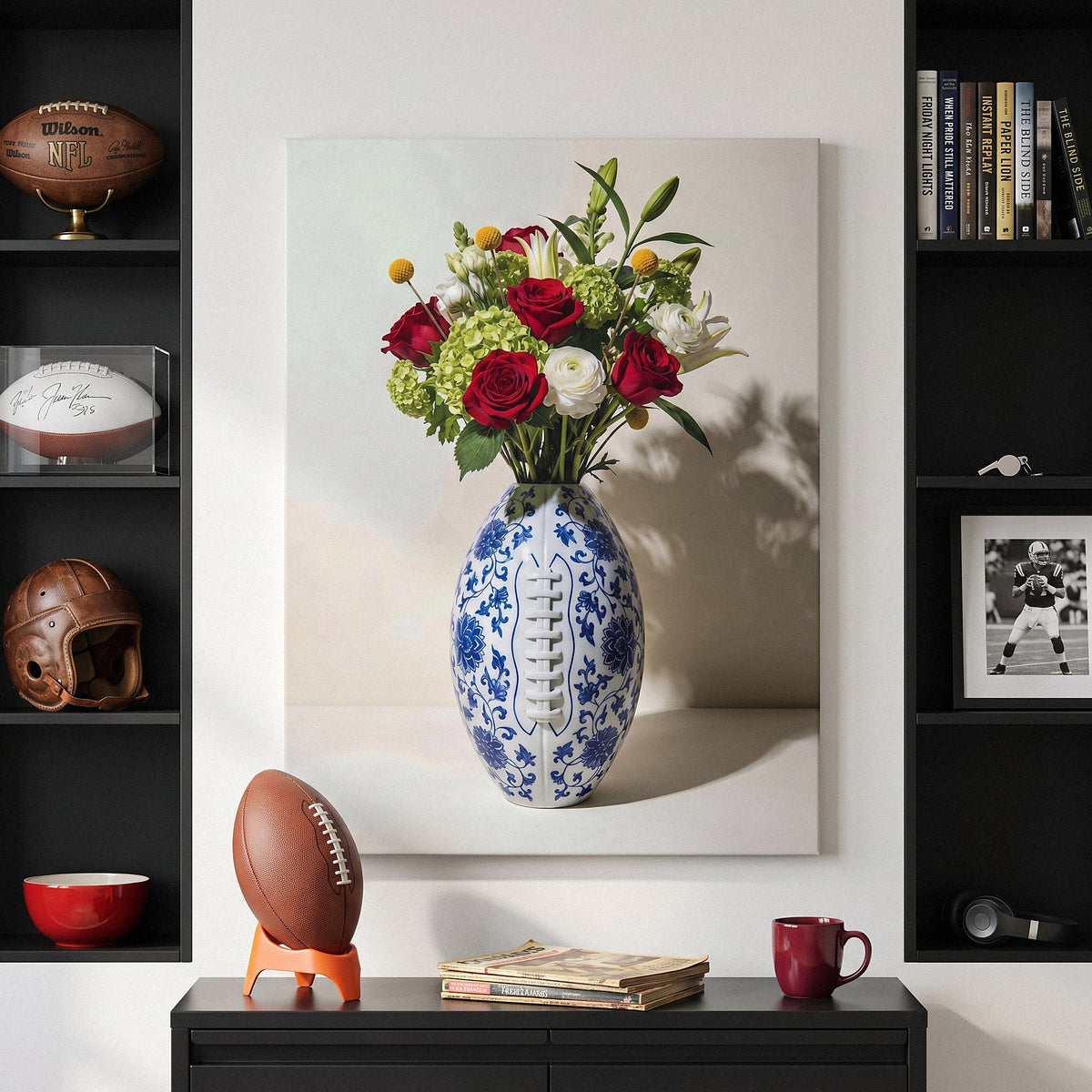 American Football Vase canvas between black shelves of footballs, a leather helmet and football books