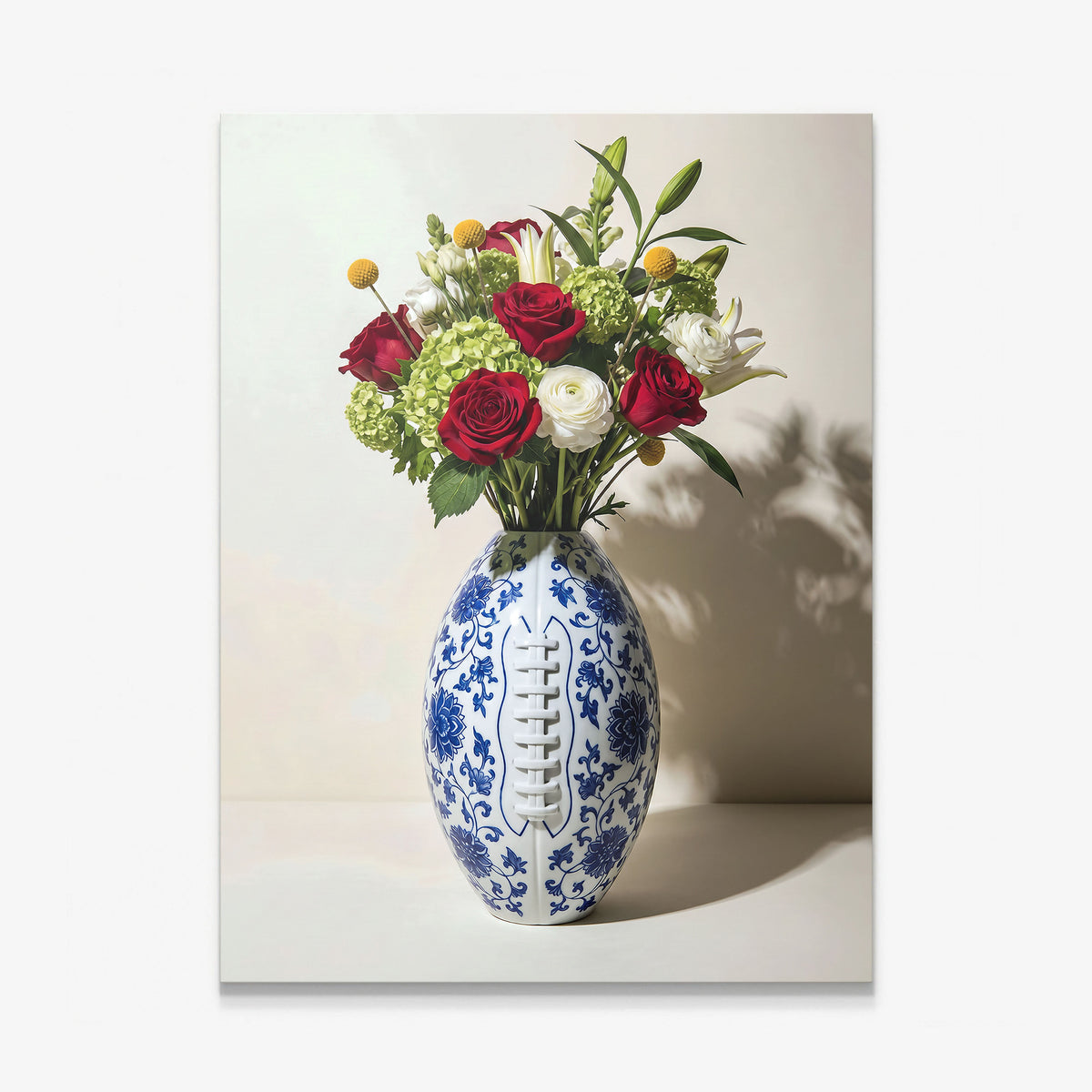 American Football Vase canvas wall art, a blue and white porcelain football vase with red roses
