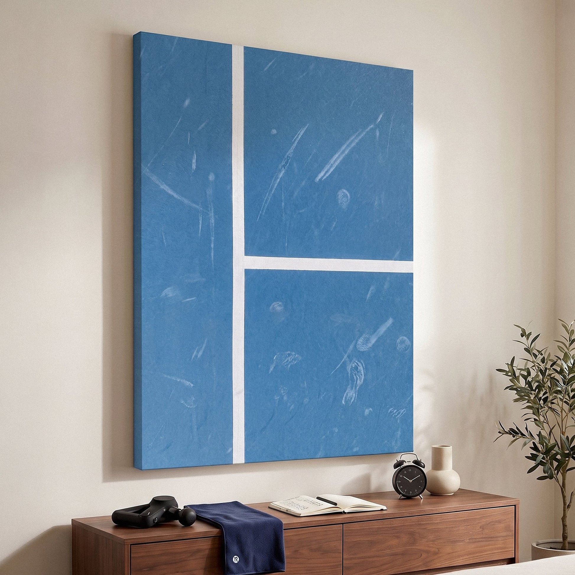 Aussie Court tennis canvas print on a living room wall at a gentle angle showing the gallery-wrapped edge