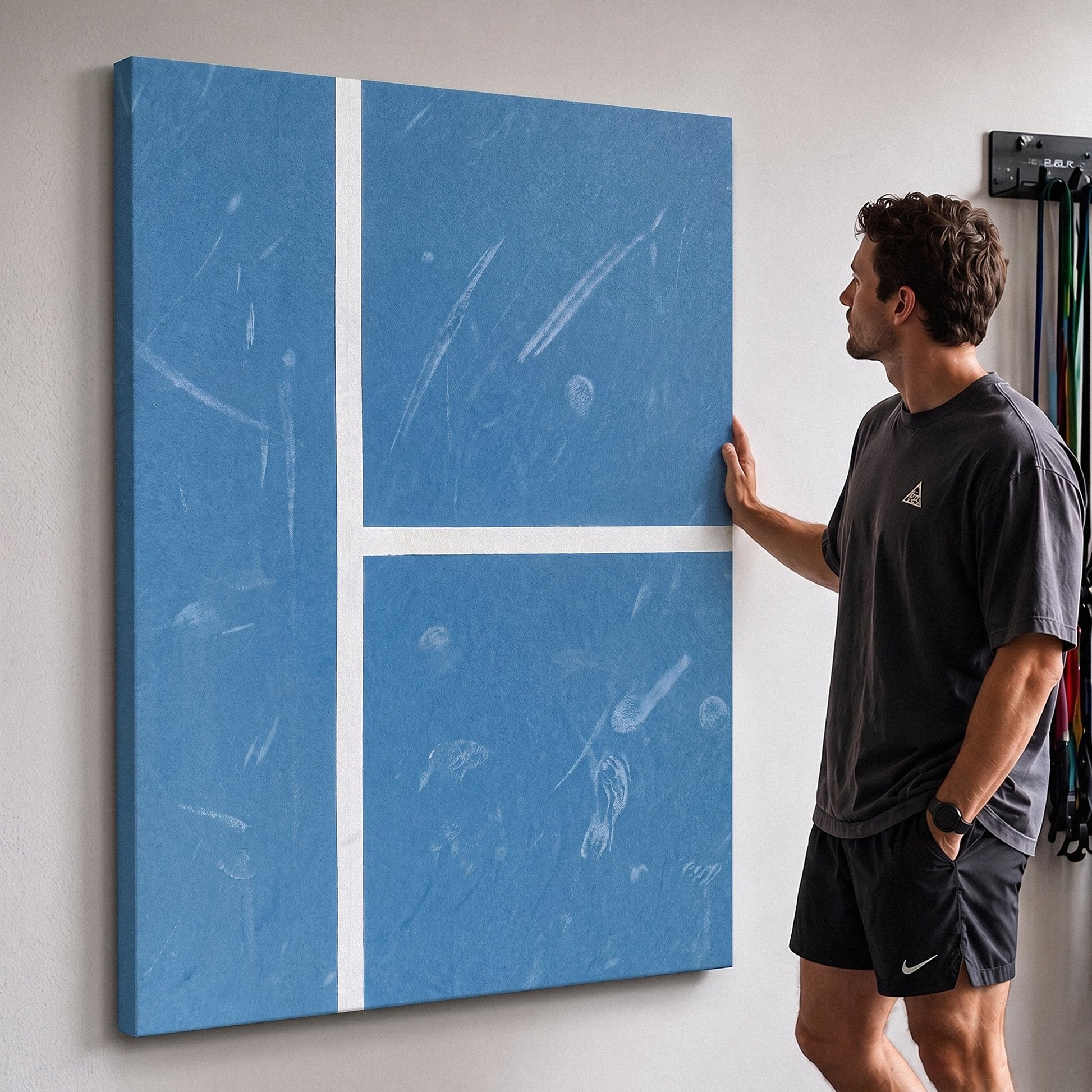Person admiring the Aussie Court tennis canvas print in a styled interior