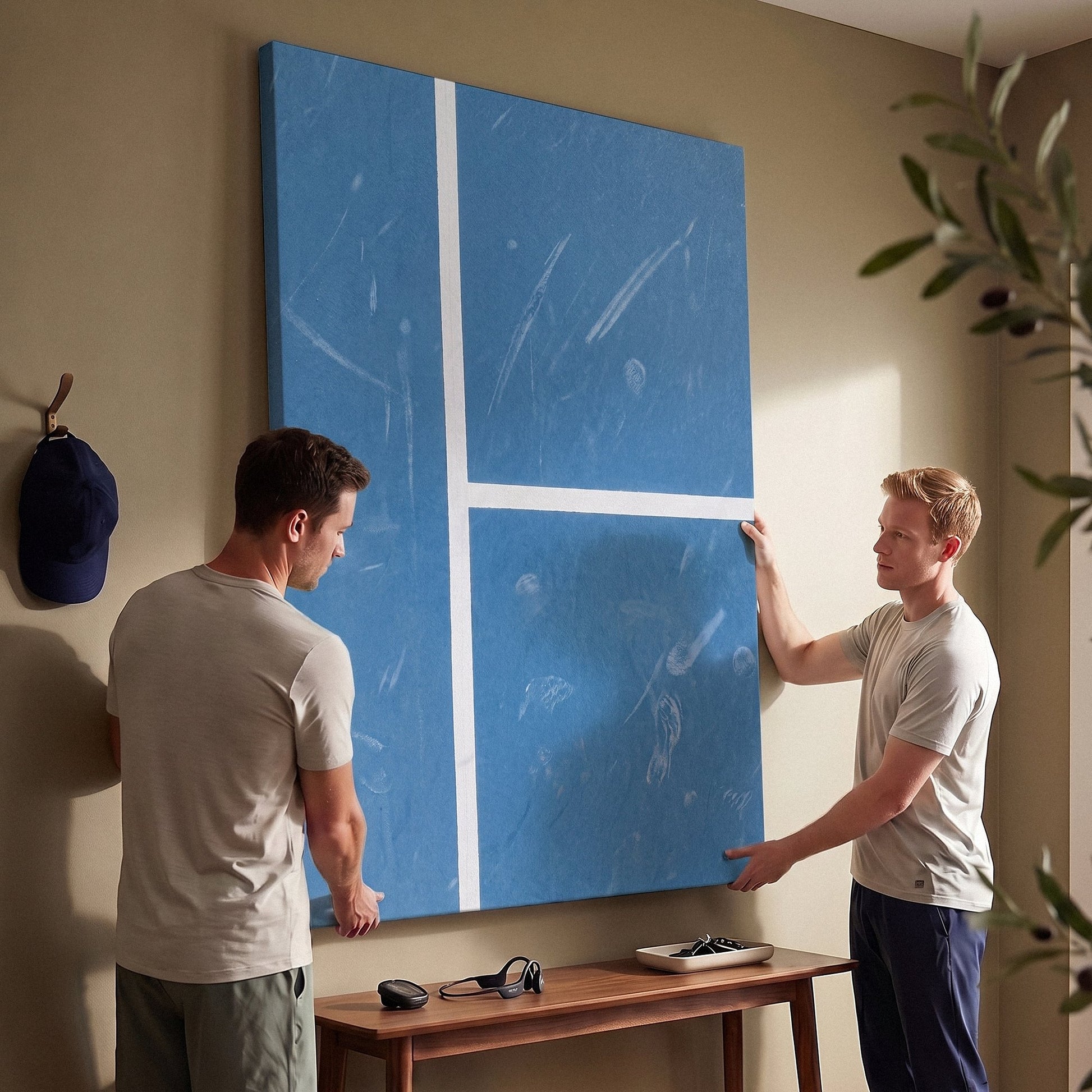 Two people viewing the Aussie Court tennis canvas print together in a home setting