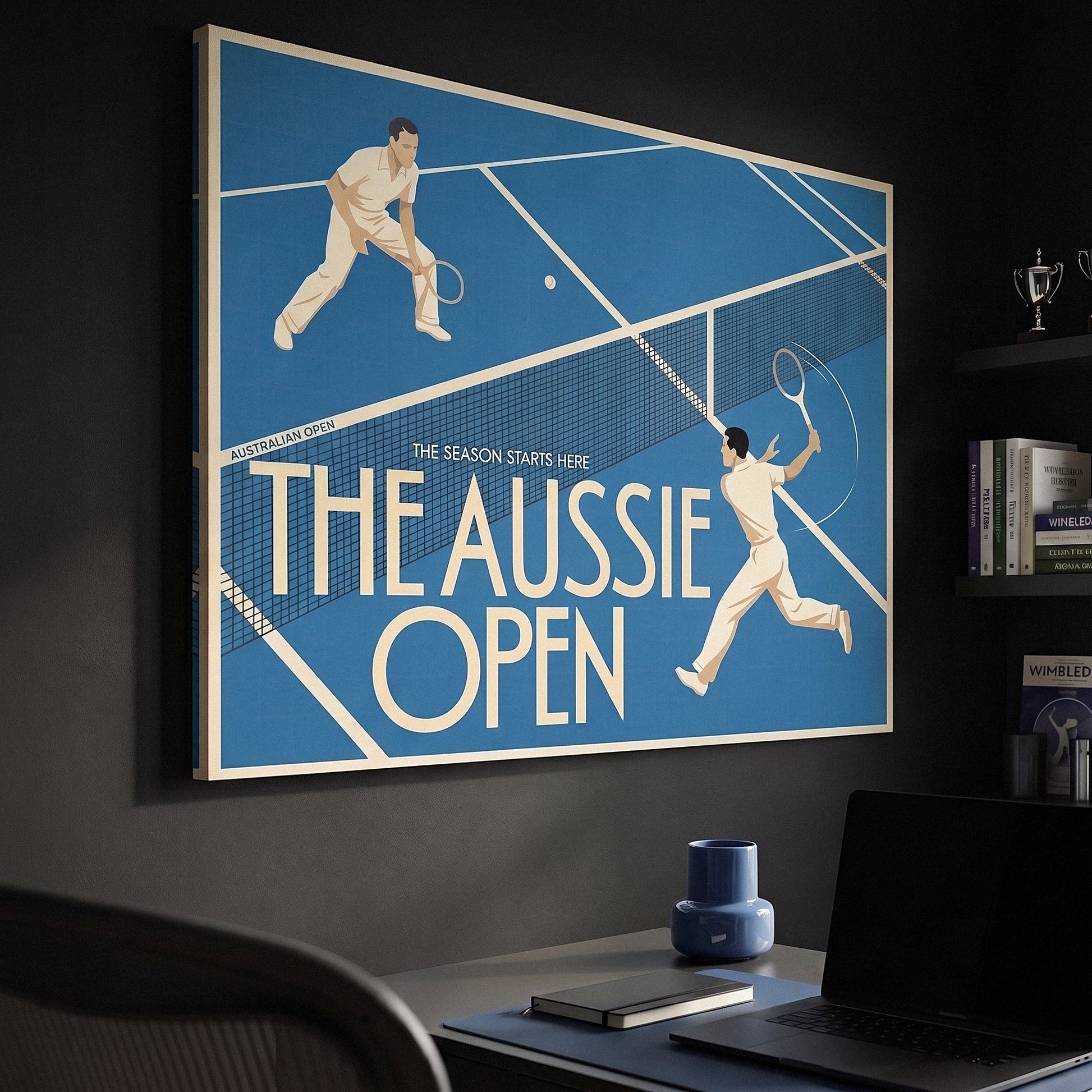 Aussie Open tennis canvas at an angle on a wall