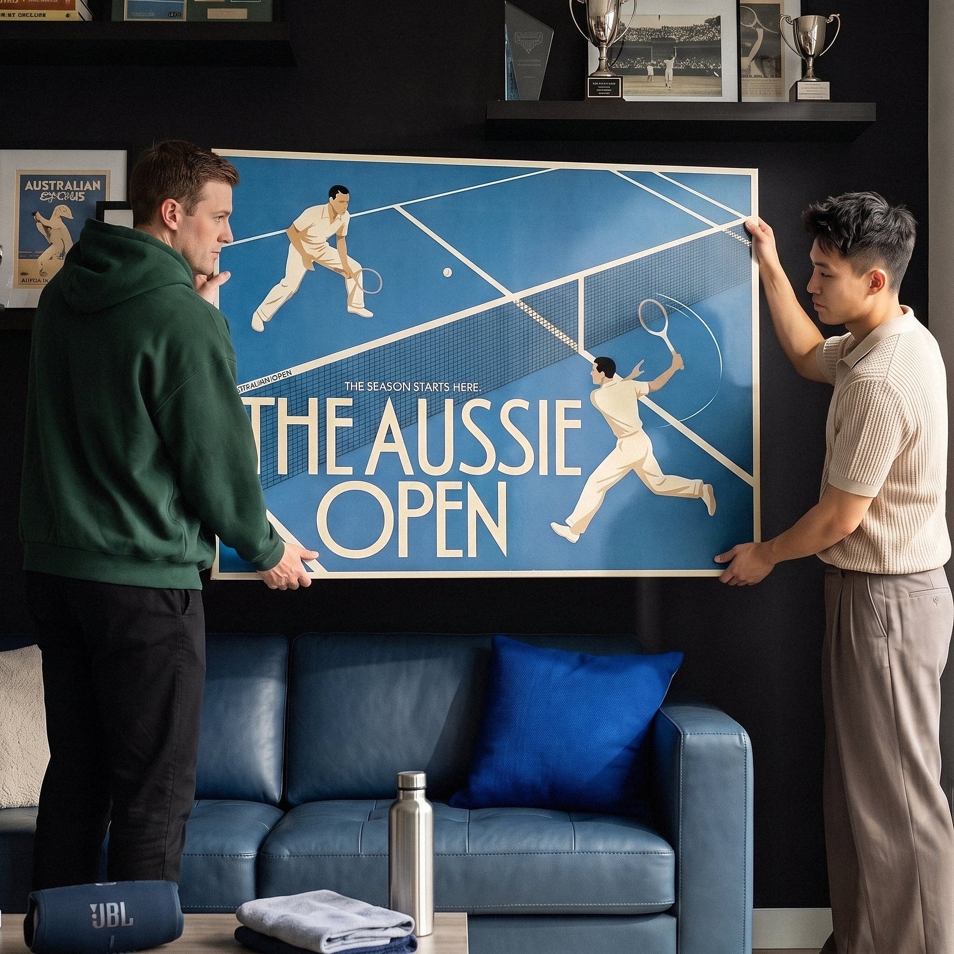 Aussie Open tennis canvas in a styled tennis den