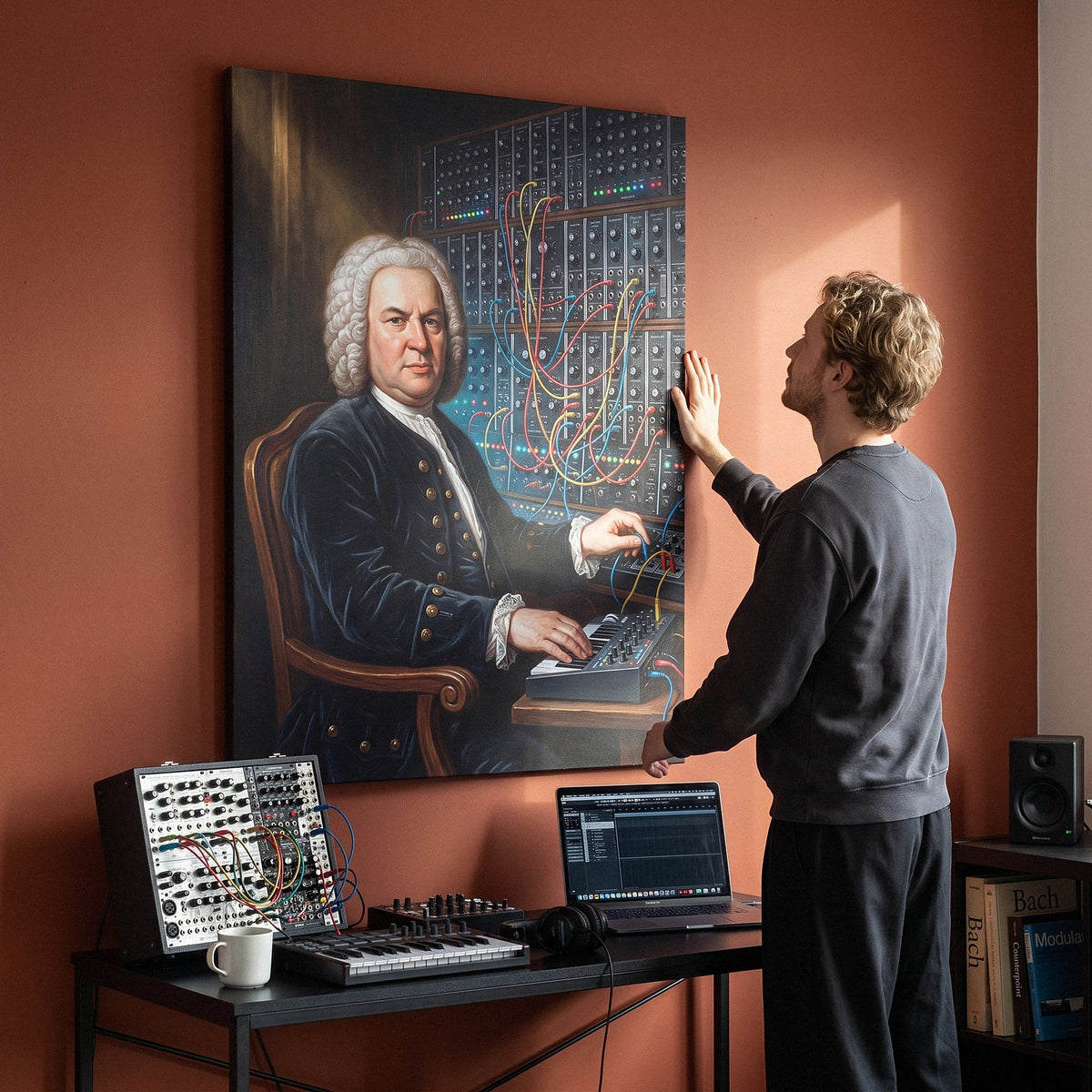 Bach Rewired canvas above a desk with a person looking at it