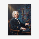 Bach Rewired canvas wall art, an oil painting of Johann Sebastian Bach at a wall of modular synthesizers