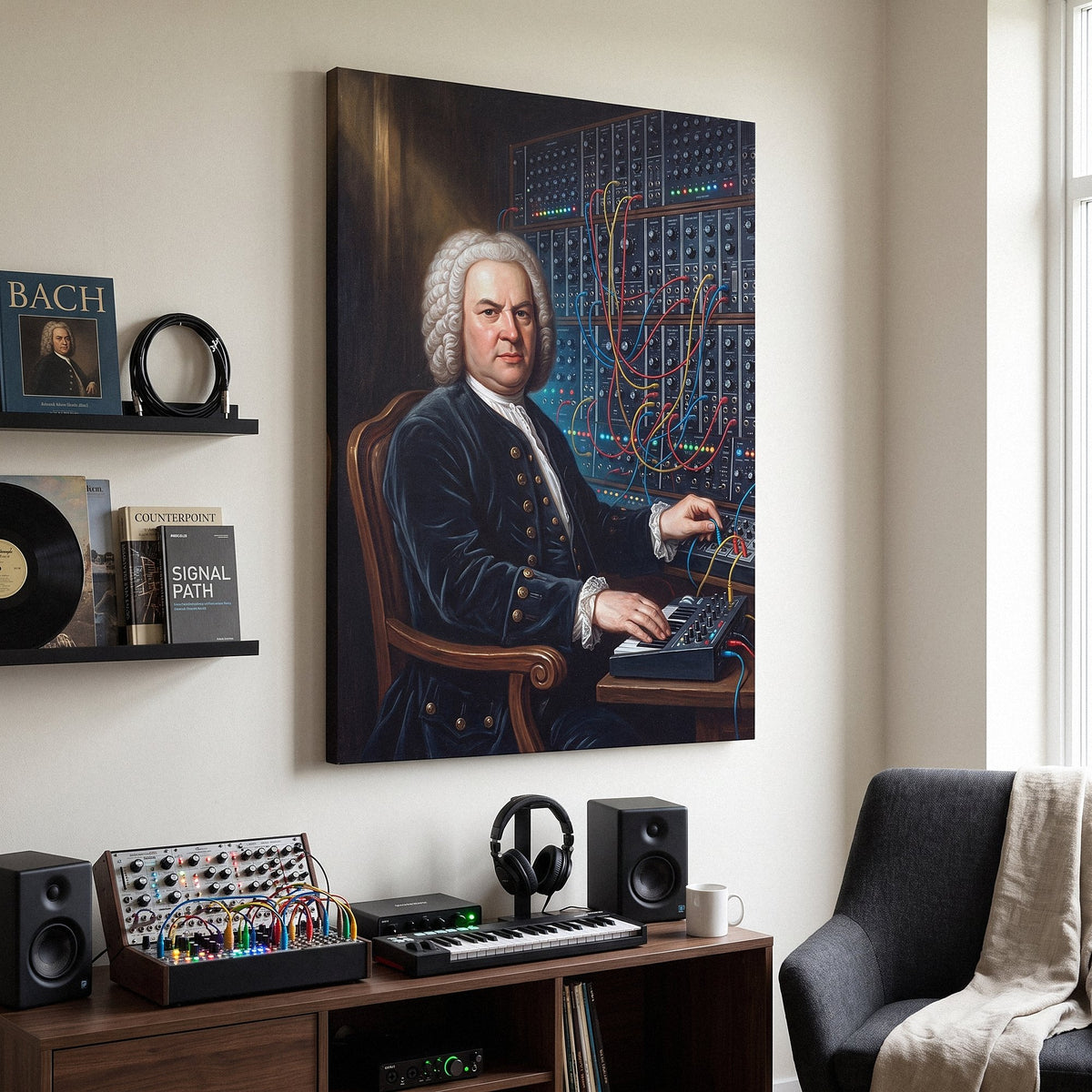 Bach Rewired portrait canvas on a plain painted wall