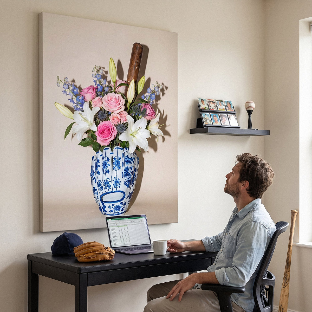 Man at his desk looking up at the Baseball Vase canvas in a cream home office