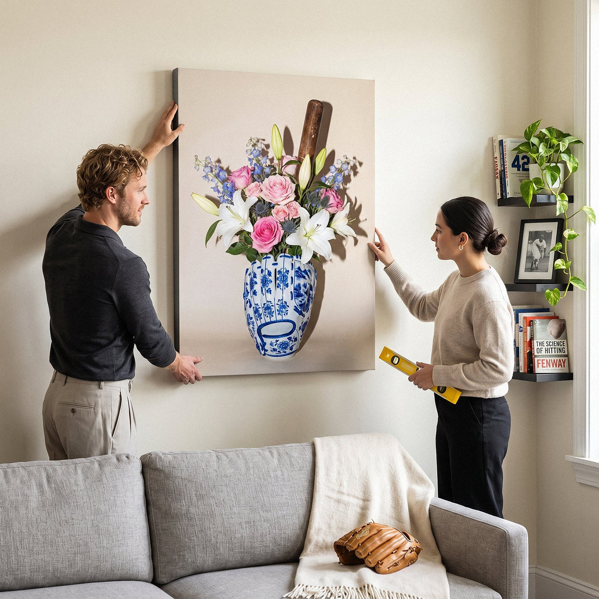 Couple hanging the Baseball Vase canvas in a living room, one pointing with a spirit level