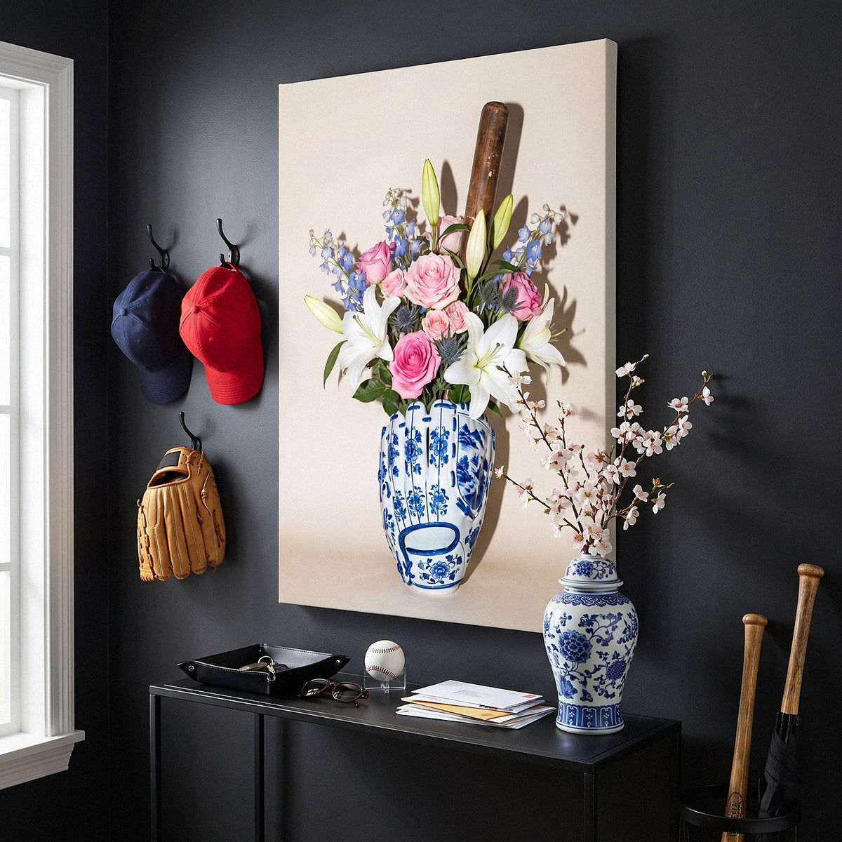 Baseball Vase canvas in a charcoal hallway with baseball caps and a glove on hooks
