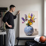 Man steadying the Basketball Vase canvas on a bench in his home gym
