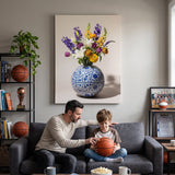 Father showing his son how to hold a basketball on the sofa under the Basketball Vase canvas