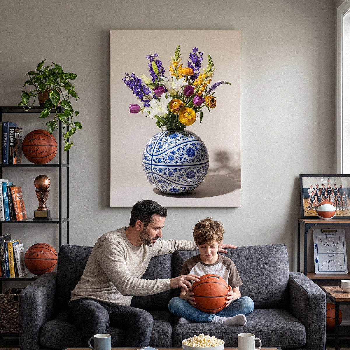 Father showing his son how to hold a basketball on the sofa under the Basketball Vase canvas