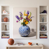 Basketball Vase canvas between wall niches of sneakers, a signed basketball and trophies